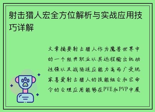 射击猎人宏全方位解析与实战应用技巧详解